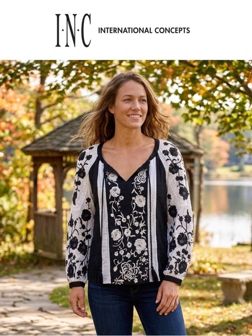INC International Concepts Black and White Floral V-Neck Pullover Tunic